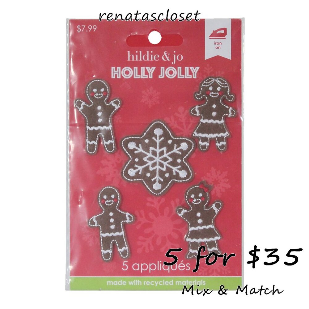 Hildie & Jo Holly Jolly 5-pk Iron-on Gingerbread Appliques NWT/NIP